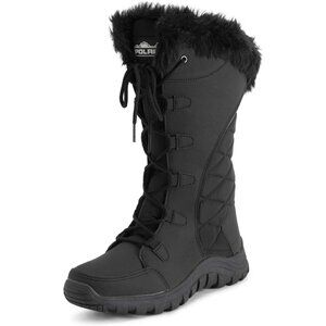 Womens Black Quilted Faux Fur Cuff Winter Duck Boots with Rubber Sole